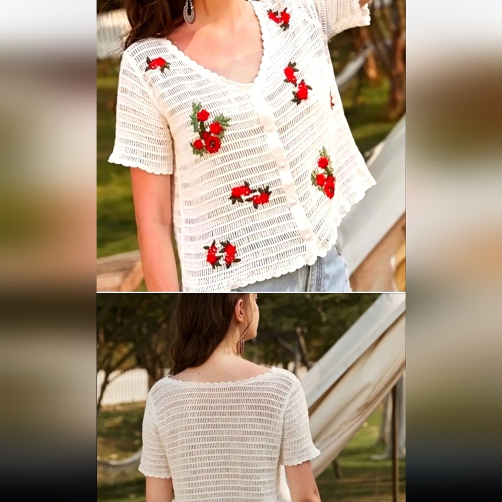 Bohemian Short Sleeve Knit Cardigan for Women - Casual Hollow Out Geometric